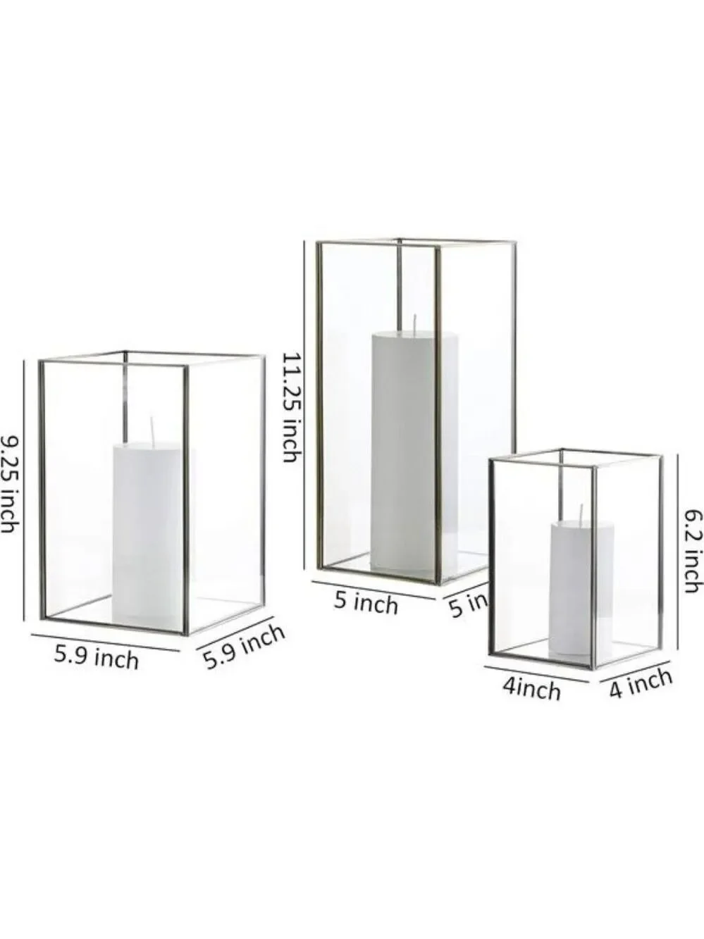 Square Glass Hurricane Candle Holders Set of 3 Vintage Brass Frame Home Centerpi